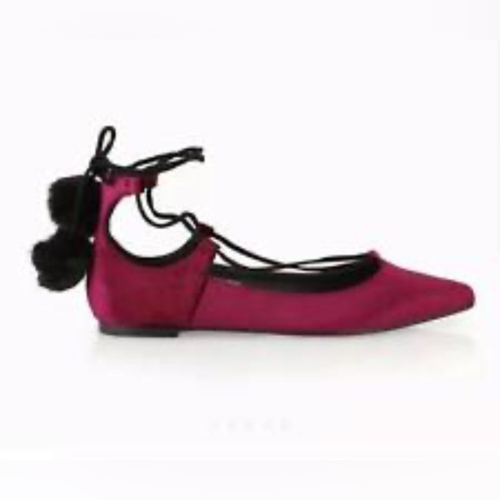 Topshop Ghilli Purple Velour Velvet Pointed Ballet Flats with Poms Ties - Picture 2 of 6